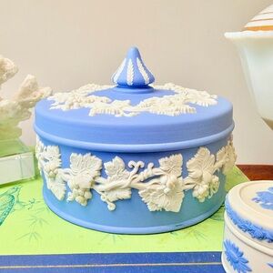 Vintage Wedgwood Jasperware Covered Trinket Box with Blue and Cream Relief